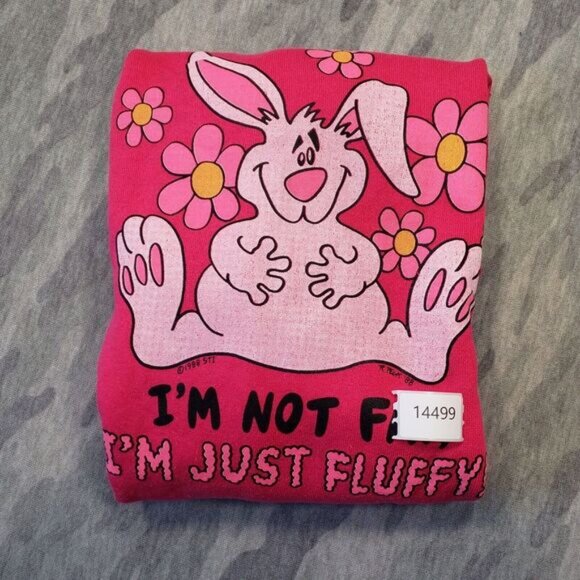 Vintage Tultex Sweatshirt Womens Large Pink Not Fat‎ Fluffly Bunny Print USA - Picture 13 of 13